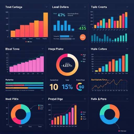 Een reeks grafieken en datavisualisaties die digitale marketing en analyse voorstellen