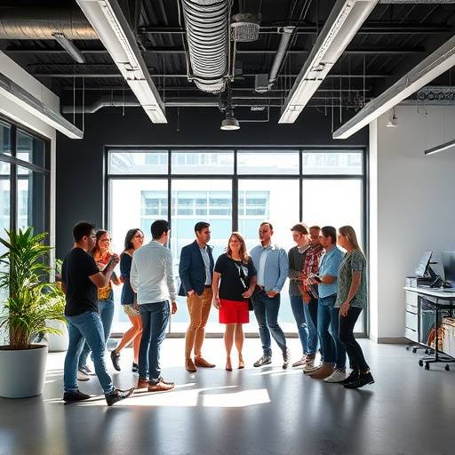 Groepsfoto van het toegewijde team van Creatieve Studio Nexus in een moderne kantooromgeving